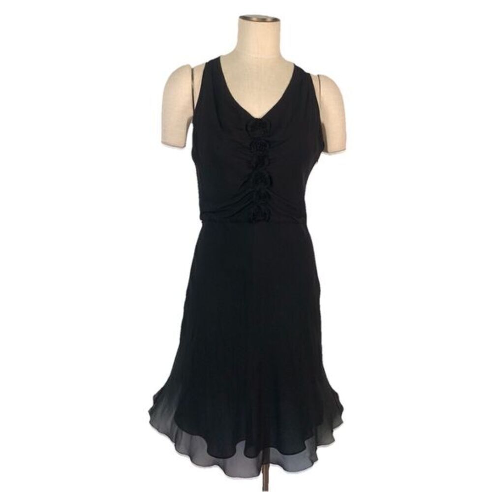 Ann Taylor Black 100% Silk Back Tie V Neck Ruched Flounce Women's Dress Size 10P